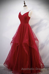 Elegant V Neck Open Back Sequins Burgundy Long Evening Prom Dresses, Shiny Burgundy Formal Dresses, Fluffy Burgundy Evening Dresses