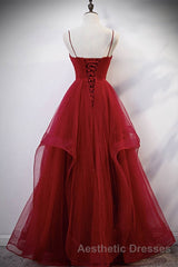 Elegant V Neck Open Back Sequins Burgundy Long Evening Prom Dresses, Shiny Burgundy Formal Dresses, Fluffy Burgundy Evening Dresses