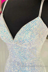 Empire Mermaid White Sequin V-Neck Evening Prom Dresses