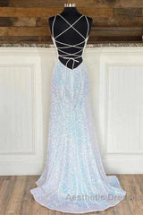 Empire Mermaid White Sequin V-Neck Evening Prom Dresses
