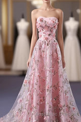 Pink Tulle 3D Flowers Long Evening Prom Dresses, Pink Evening Prom Dresses