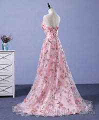 Pink Tulle 3D Flowers Long Evening Prom Dresses, Pink Evening Prom Dresses