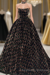 A Line Sparkly Sequin Long Evening Prom Dresses, Gorgeous Strapless Long Evening Prom Dresses