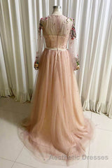 A Line Tulle Long Evening Prom Dresses with Flowers, Pink Long Sleeves Party Dresses with Beading