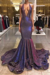 Chic Deep V-Neck Sleeveless Evening Prom Dresses New Arrival Halter Memaiad Sequins Evening Prom Gowns