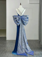 Simple Velvet Blue Mermaid Long Evening Prom Dresses, Backless Velvet Blue Evening Dresses