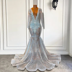Mermaid Evening Prom Dresses with Deep V-Neck Long Sleeves Beadings