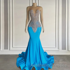 Ocean blue sleeveless mermaid Evening Prom Dresses with long beadings