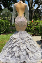Fabulous Long Mermaid V-neck Sequined Beading Feather Tulle Evening Prom Dresses with Sleeves