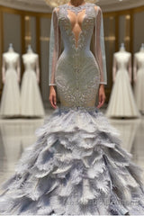 Fabulous Long Mermaid V-neck Sequined Beading Feather Tulle Evening Prom Dresses with Sleeves