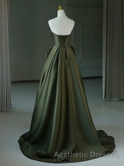 A-Line V Neck Satin Green Long Evening Prom Dresses, Green Long Formal Dresses