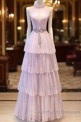 Fairy A Line High Neckline Pink Long Tulle Evening Prom Dresses 22Th Birthday Outfit