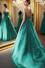 Fashion Green Lace Appliques Open Back Tulle Long Evening Prom Dresses, Green Lace Formal Dresses, Green Evening Dresses