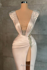 Fashion Long V-neck Split Front Mermaid Evening Evening Prom Dresses With Rhinestones