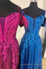 Feathered Cold Shoulder Sequin Long Evening Prom Dresses with Appliques
