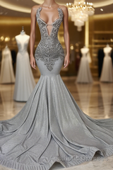 Silver Halter Mermaid Evening Prom Dresses with Beadings