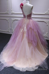 Puffy One Shoulder Sleeveless Tulle Evening Prom Dresses with Flowers, Ruffles Quinceanera Dresses