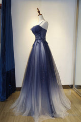 Blue tulle sequins long prom dress blue evening dress