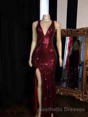 Long Mermaid Burgundy Sequin Evening Prom Dresses Glitter Split Evening Prom Gown