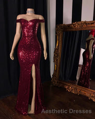 Long Mermaid Burgundy Sequin Evening Prom Dresses Glitter Split Evening Prom Gown