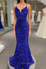 Spaghetti Straps Mermaid Sequin Long Evening Prom Dresses