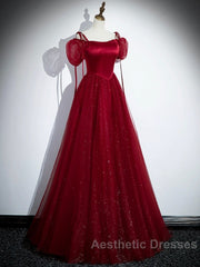 Burgundy Satin Tulle Floor Length Evening Prom Party Dresses