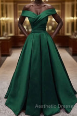 Off Shoulder Emerald Green Long Satin Evening Dresses