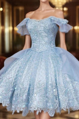 Vintage Blue Lace Homecoming Dresses,Off the Shoulder Evening Prom Dresses