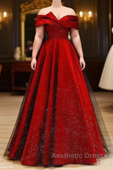 Burgundy Satin and Black Tulle Floor Length Evening Prom Dresses