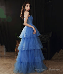 Blue tulle long prom dress blue evening dress