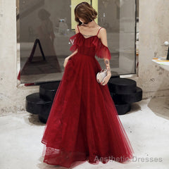 Burgundy lace long prom dress simple evening dress