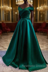 Satin Emerald Green Pleated A-Line Off-shoulder Evening Prom Dresses