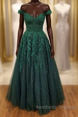 Off-the-Shoulder Cheap Hunter Green Formal Dresses Floral Appliques Evening Prom Dresses