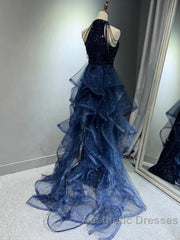 Navy Blue Sequins Long Evening Prom Party Dresses