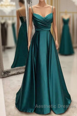 Floor-Length Satin Green Evening Prom Dresses A-Line  With Pleated