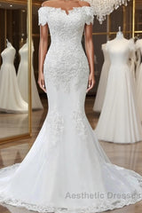 Floral Lace Off-The-Shoulder Trumpet Wedding Dresses
