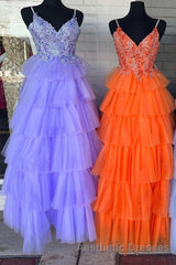 Floral Lace V-Neck Multi-Tiered A-Line Evening Prom Dresses