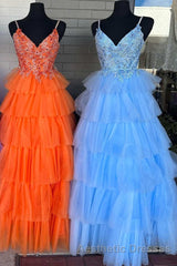 Floral Lace V-Neck Multi-Tiered A-Line Evening Prom Dresses