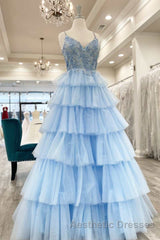 Floral Lace V-Neck Multi-Tiered A-Line Evening Prom Dresses
