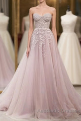 Floral Strapless Pink Lace Appliques Long Evening Prom Dresses