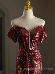 Simple Off Shoulder Sequin Burgundy Long Evening Prom Dresses, Burgundy Long Evening Dresses