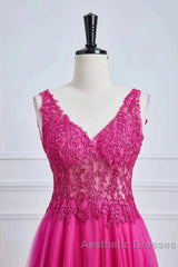 Fuchsia A-Line Long Evening Prom Dresses Plunging V Neck Floral