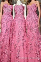 Gorgeous Hot Pink Lace Appliques Long Formal Dresses