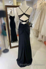 Black Pleated Long Evening Prom Dresses with Spaghetti Straps