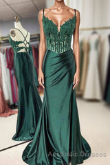 Mermaid Emerald Green Straps Ruched Evening Prom Dresses with Slit