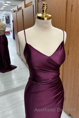 Cabernet Satin V Neck Lace-Up Back Pleated Long Evening Prom Dresses with Silt