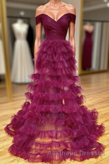 Off the Shoulder Burgundy Pleated Sheer Tiered Evening Prom Dresses