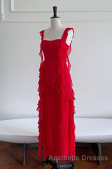 Square Neck Red Ruffle Chiffon Long Party Dresses