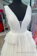White V-Neck Pleated Layered Long Formal Dresses