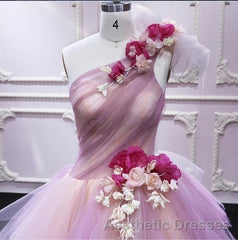 Puffy One Shoulder Sleeveless Tulle Evening Prom Dresses with Flowers, Ruffles Quinceanera Dresses